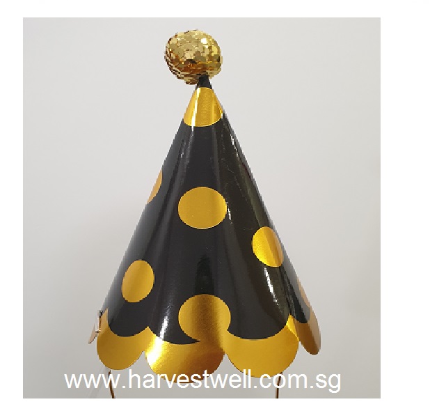 Gold Polka Dots Black Party Cone Hat